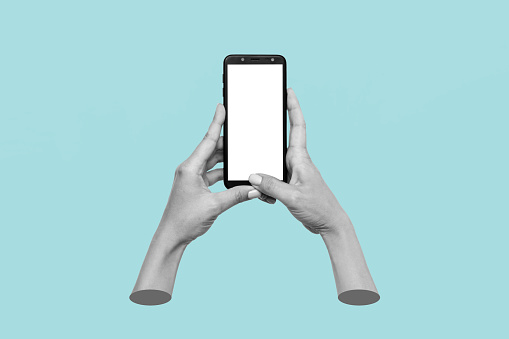 Mobile phone with white screen in female hands isolated on blue background. Blank with an empty copy space. Mockup of a smartphone. 3d trendy collage in magazine style. Contemporary art. Modern design