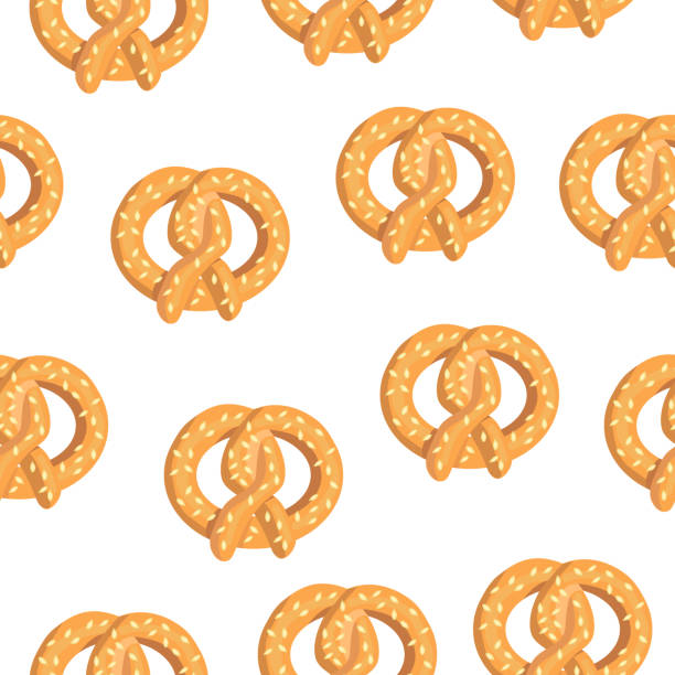 ilustraciones, imágenes clip art, dibujos animados e iconos de stock de patrón de pretzel sin costuras, confección sobre fondo blanco. el patrón vectorial se puede utilizar en el menú textiles.bakery. - pretzel sesame vector snack