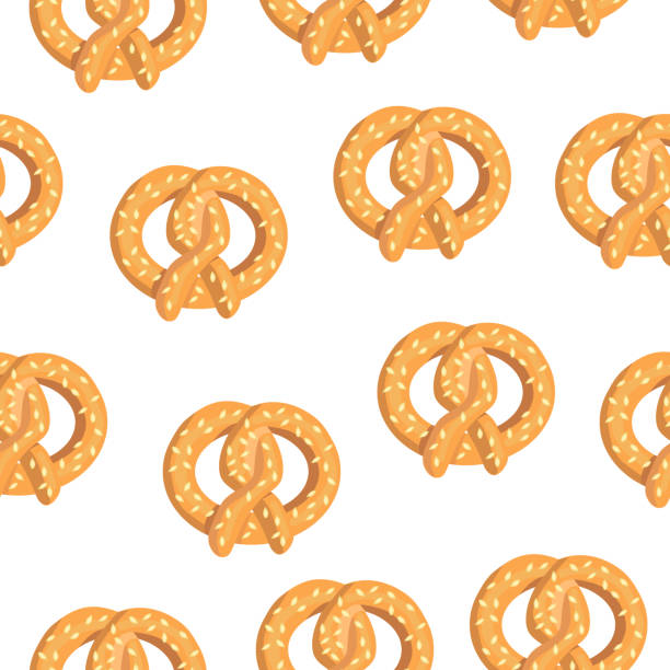 원활한 프레첼 패턴, 흰색 배경에 과자. 벡터 패턴은 textiles.bakery 메뉴에서 사용할 수 있습니다. - pretzel sesame vector snack stock illustrations