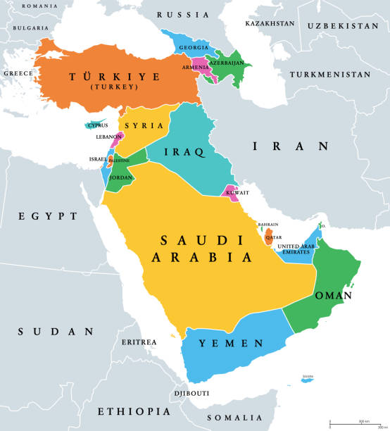 azja zachodnia, podregion azji, geoschemat i mapa polityczna - middle east illustrations stock illustrations