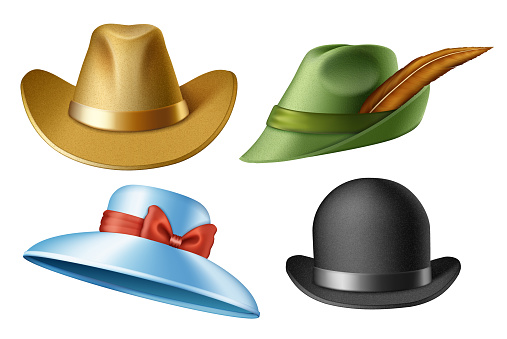 Vintage Hats. Cowboy Hat, Sheriff's Hat, Robin Hood Hat, Bowler Hat, Women's Blue Hat with Bowknot. Women's and men's hats from different eras. Vector illustration.