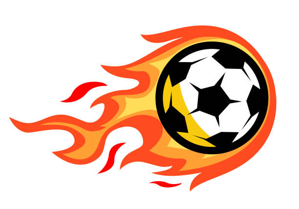 Soccer ball flying in flames Soccer ball flying in flames ball of fire stock illustrations