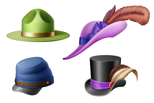 Vintage Hats. Boy scout hat, women's Hat with a feather, military cap, women's top hat with a feather, dressage hat. Women's and men's hats from different eras. Vector illustration.