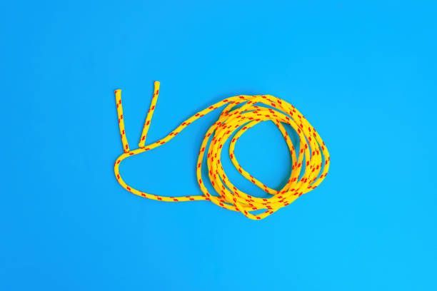 Snail shape made from braided cord on blue background with copy space.