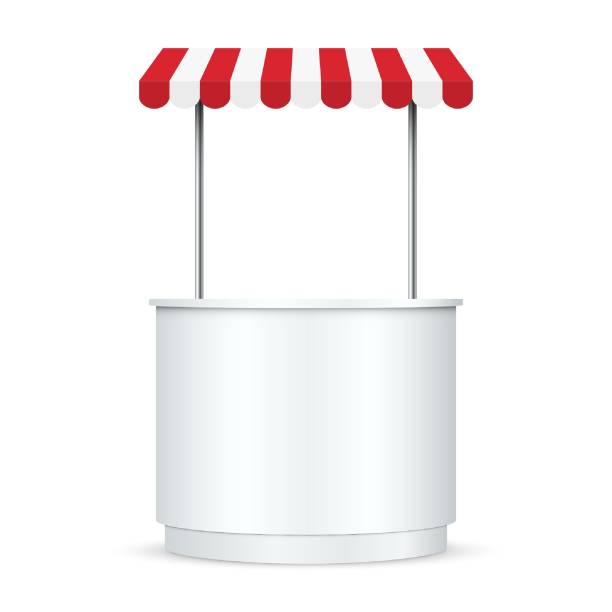 istock Realistic market stall with sunshade stripe and shadow. Mockup template design for street fast food table, promotion counter or retail trade stand 1405646700