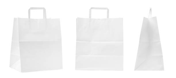 Set with paper bags on white background. Banner design