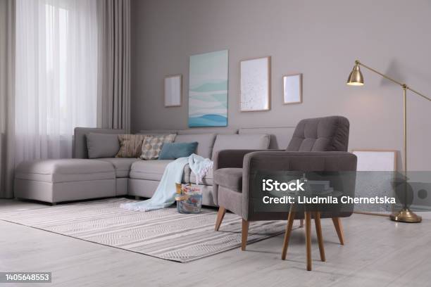 Stylish Living Room Interior With Comfortable Armchair And Sofa Stock Photo - Download Image Now
