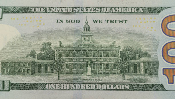 Independence Hall drawing close up on one hundred american dollar bill.