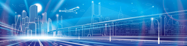 ilustrações de stock, clip art, desenhos animados e ícones de infrastructure city panorama. large cable-stayed bridge. airplane fly. empty highway. night modern city on background, towers and skyscrapers, urban scene, vector design art - cable stayed bridge