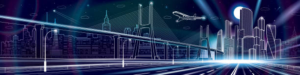 ilustrações de stock, clip art, desenhos animados e ícones de infrastructure city panorama. glow linghts. large cable-stayed bridge. airplane fly. empty highway. night modern city on dark background, towers and skyscrapers, urban scene, vector design art - cable stayed bridge illustrations