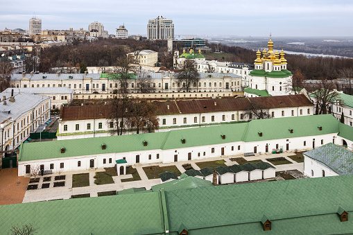 Kiev, Ukraine. Cupolas of Pechersk Lavra Monastery and river Dniepr panoramic city view