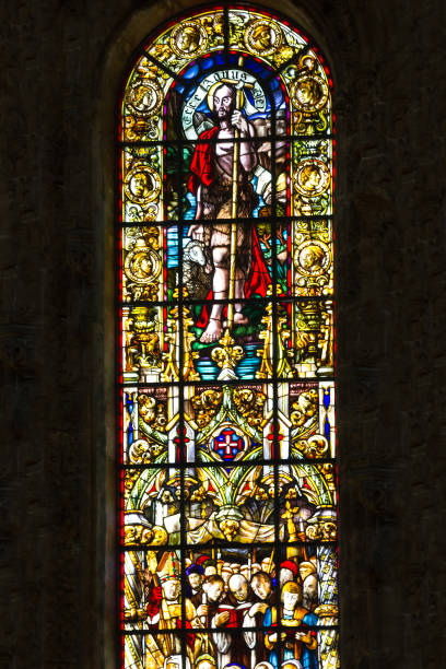 Vitrage window. Interior of church in Monastery of Jeronimos, Lisbon, Portugal stock photo