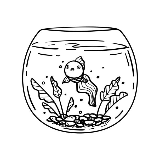 Cute little baby goldfish swimming underwater in aquarium Cute little baby goldfish swimming underwater in aquarium with seaweeds. Outline vector illustration hand drawn in sketch style for kids coloring books or printing on any surface goldfish bowl stock illustrations
