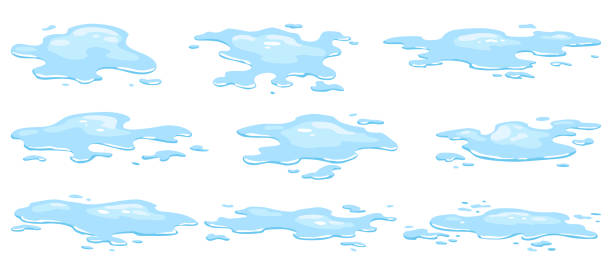 ilustraciones, imágenes clip art, dibujos animados e iconos de stock de conjunto de charcos de derrame de agua. líquido azul de varias formas en estilo plano de dibujos animados. elemento de diseño de fluido vectorial isolted sobre fondo blanco - puddle