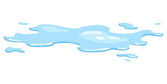 Water spill puddle. Blue liquid various shape in flat cartoon style. Vector fluid design element isolted on white background.