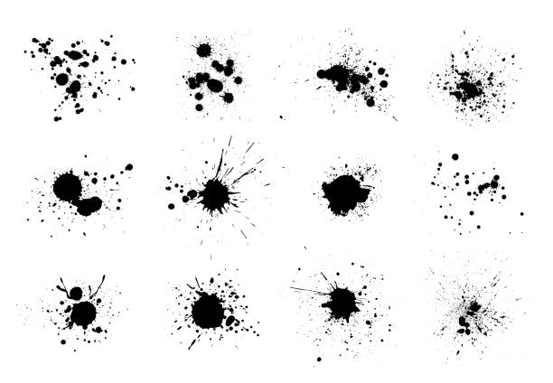 Black ink splatter. Vector watercolor paint brush texture. Ink splash and stain set Black ink splatter isolated on white background. Vector watercolor paint brush texture. Ink splash and stain set. Grunge spray drop spatter, dirty blot splatters and splat. Abstract splash blobs stained stock illustrations