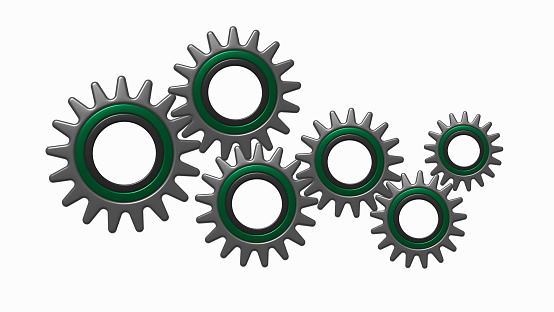 Six cogwheel interaction 3D isolated on white background, metal gear. High quality illustration