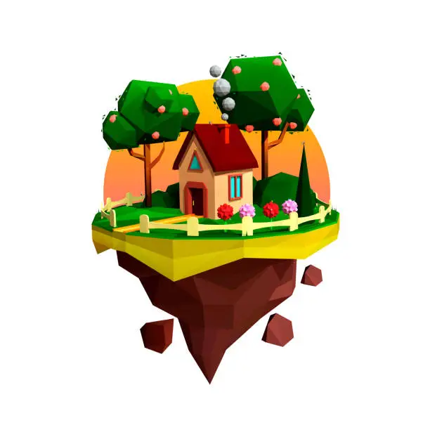 Vector illustration of Flying Island with House and Garden