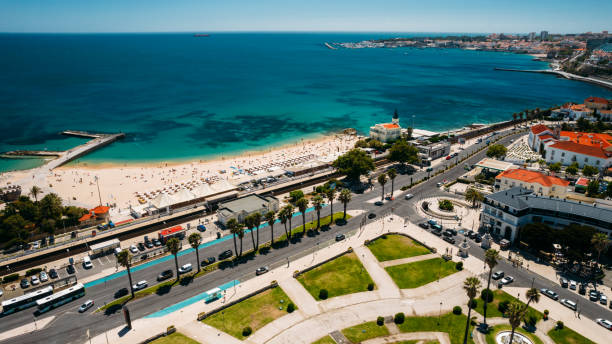 Aerial view of Tamariz beach and Cascais in a summer day, Portugal stock photo