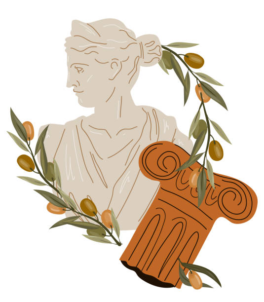 ilustrações de stock, clip art, desenhos animados e ícones de antique statue and amphora vase with olive branches, flat vector isolated. - central greece