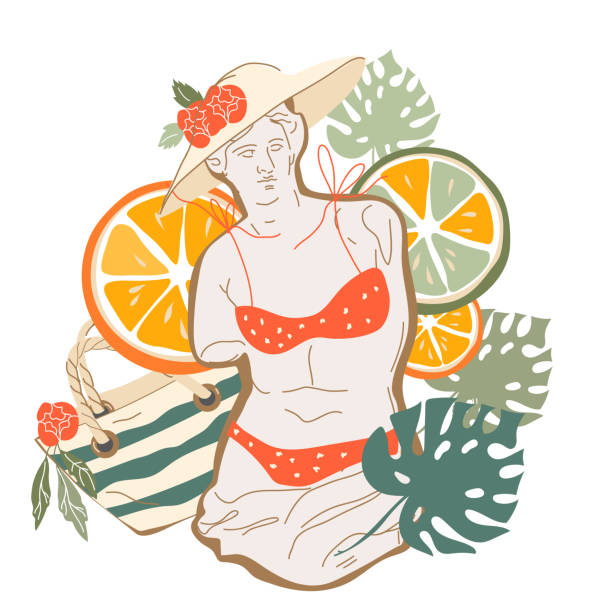 istock Summer card or banner design with marble statue surrounded by exotic fruits, vector. 1405662123