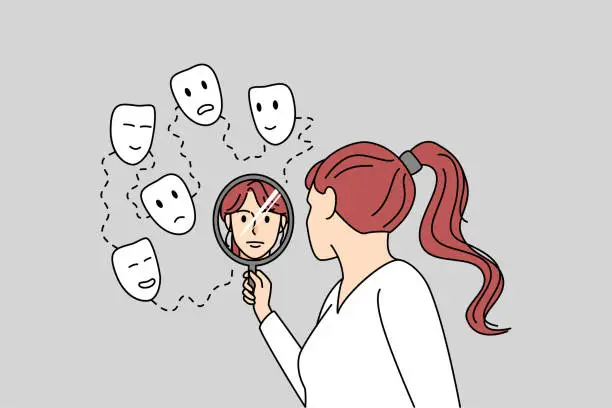 Vector illustration of Woman look in mirror seeing different faces
