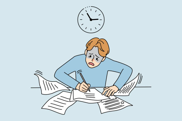 Worried man writing anxious about deadline Anxious man handwriting preparing for exam. Worried man writing papers distressed about deadline miss. Time management and organization. Vector illustration. edgy drawings stock illustrations