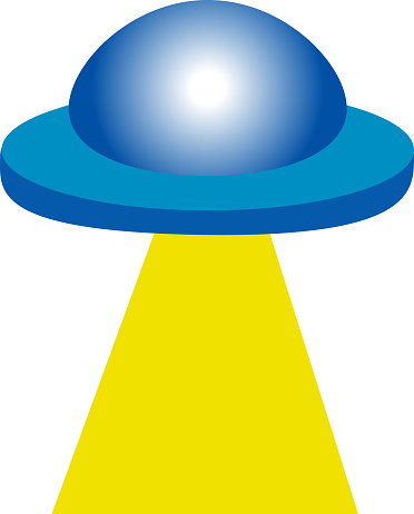 Cartoon cute blue UFO with yellow light. Isolated on white background, flat design, vector, illustration, EPS10