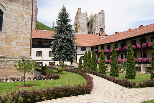 June 28th 2022, Monastery Manasija, Serbia: yard of the monastery complex with konak