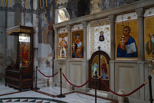 June 28th 2022, Monastery Manasija, Serbia: Monastery orthodox church indoor fresco icon altar shrine