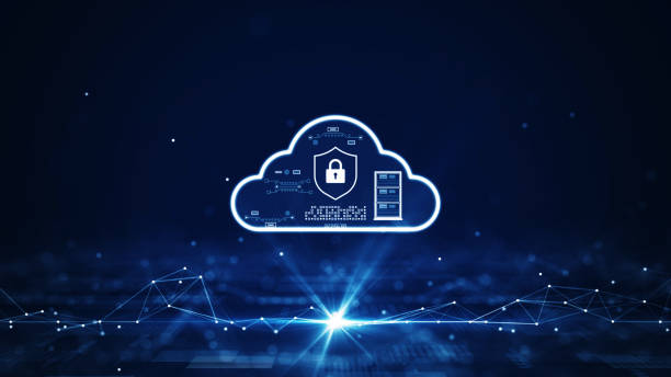 cloud and edge computing technology concept. There is a prominent large cloud icon in the center with icons inside. There are interconnected polygons below on a dark blue background. stock photo