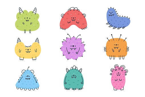 Hand drawn cute little Doodle monsters with funny faces vector set