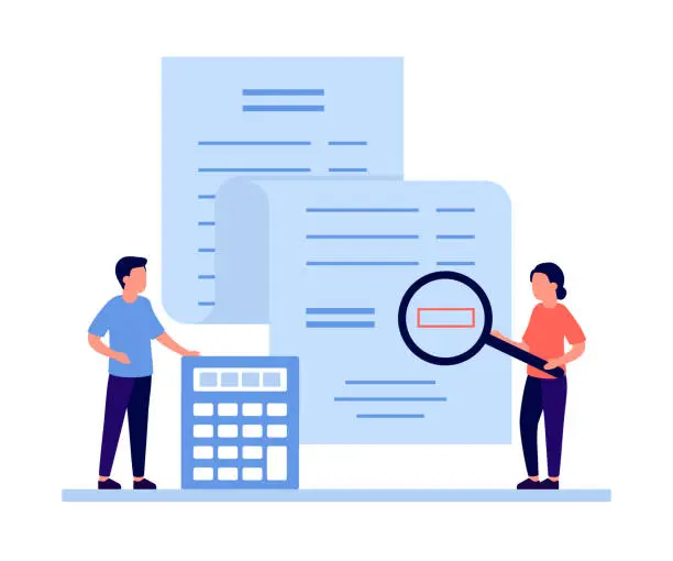 Vector illustration of People calculating price and pay big financial bill, invoice, tax receipt, check. Accounting, auditing service for business, budget planning, revenue calculation. Payment and debts management. Vector