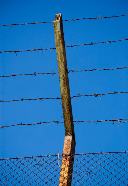 istock Barbed wire silhouette against sky. 1405681581