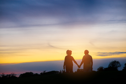 Bathed in the warm glow of an orange sunset,an affectionate silhouette unfolds as an expectant couple stands beneath a bare tree in a tranquil field. A timeless moment of love and anticipation against the canvas of a breathtaking evening sky