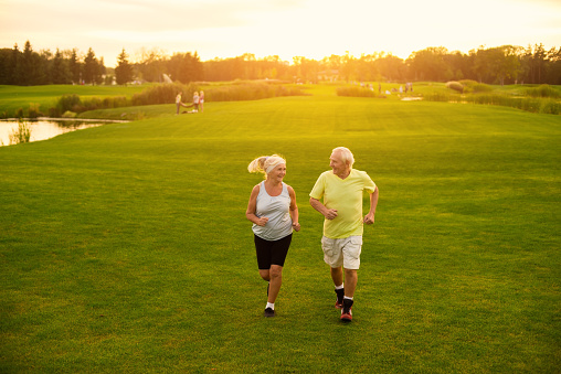 Elderly couple is jogging. Smiling people on meadow. Be in motion. The lightness of moves.