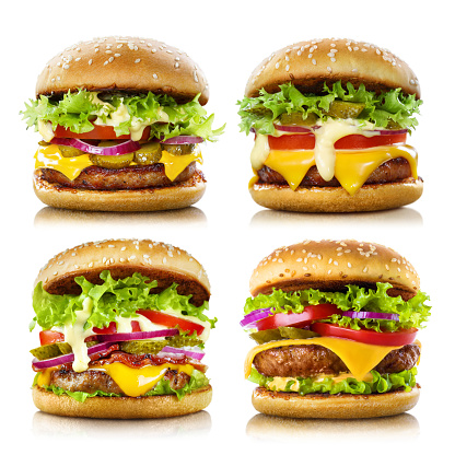 Collection of delicious burgers, isolated on white background