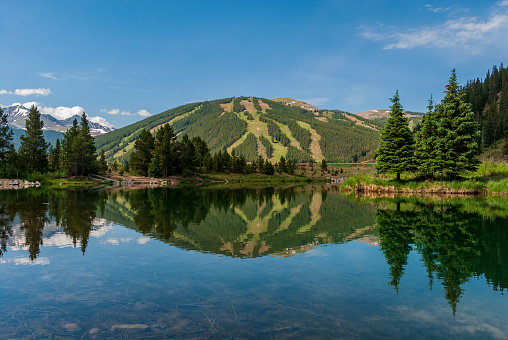 Pine Trees and mountains are reflected in a calm mountain pond in Summit County, Colorado during the summer.  Copper Mountain ski area is in the background.