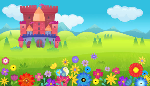 어린이를위한 숲 그림 근처의 아름다운 성이있는 만화 자연 장면 - castle fairy tale palace forest stock illustrations
