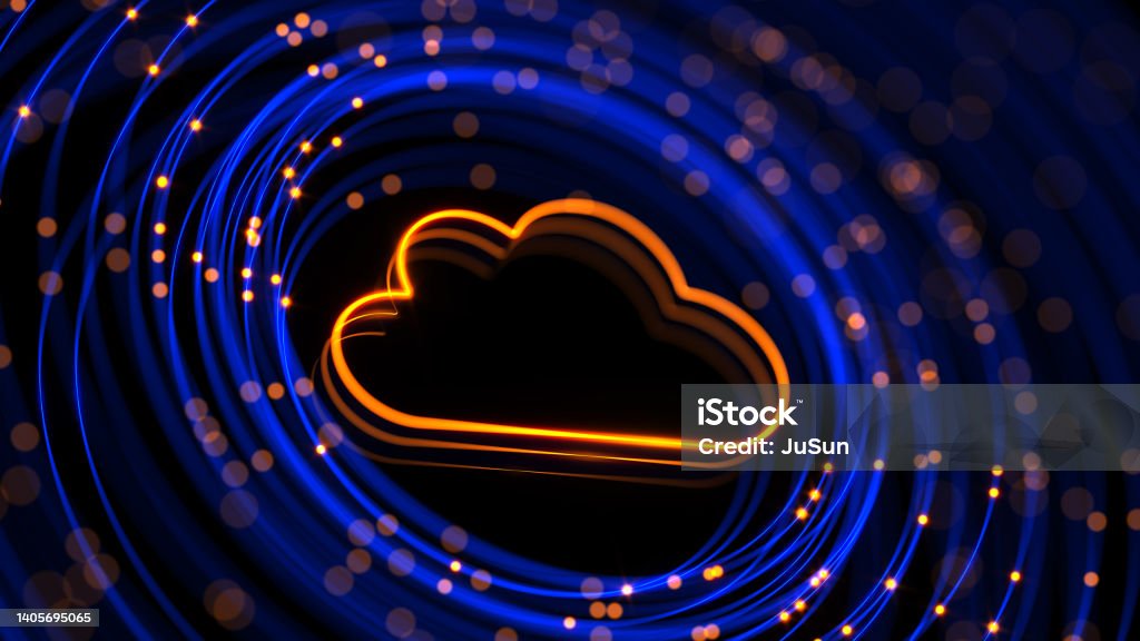 Digital screen with cloud computing and abstract glowing circular background. Security and protection data cloud. Big data safe. Database storage, 3d render. Cloud Computing Stock Photo