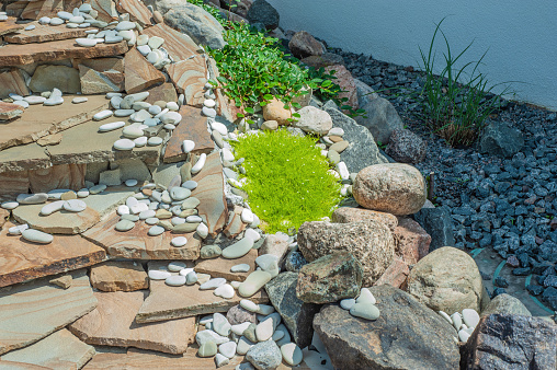 construction of big round garden Alpine slide with stones and dwarf conifers and circular