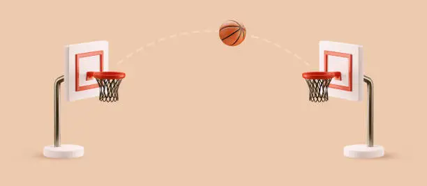 Vector illustration of 3d vector cartoon basketball field design elements. Basketball hoops with flying ball on orange background web banner.