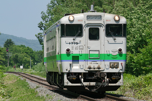 Ashibetsu-city, Hokkaido, Japan - June 26, 2022 : KIHA 40 Local train to run a straight line