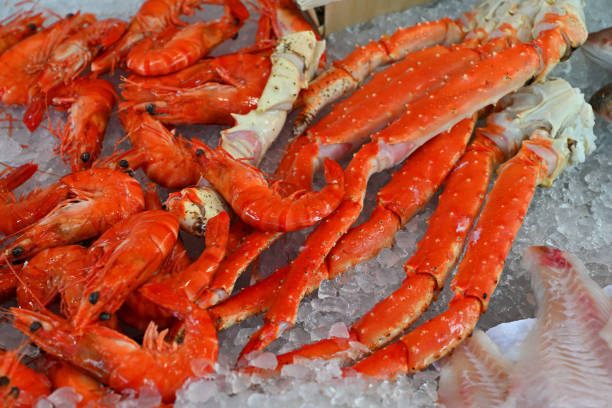 retail fish shop in south of france - prepared shellfish tray variation catch of fish imagens e fotografias de stock