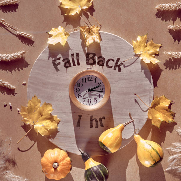Time change in Autumn. Text Fall Back 1 hour on circle stone board. Wooden alarm clock, with dry Fall leaves on recycled cardboard. stock photo