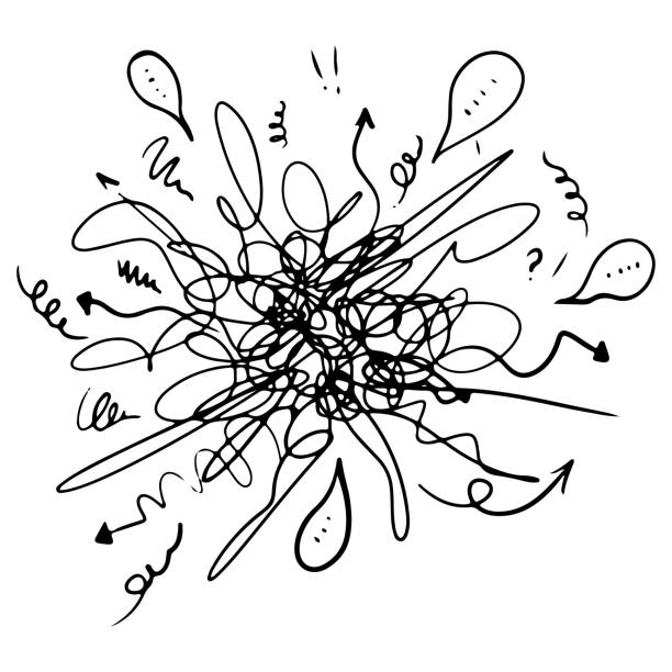 ikona doodle zaburzenie psychiczne, znajdowanie odpowiedzi, koncepcja zamieszania. ręcznie rysowana ilustracja wektorowa. - chaos stock illustrations