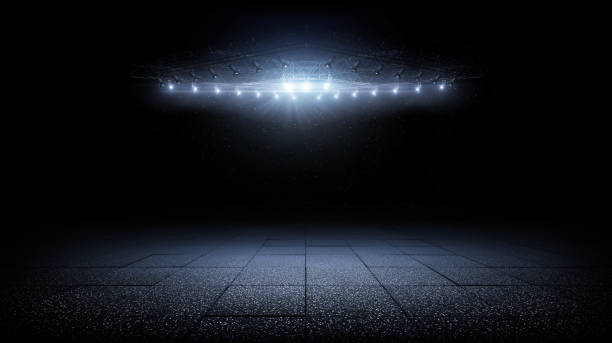 istock Sidewalk Tiles. Stage with spotlights. Empty space background. Background for product demonstration or mockup. Spotlight shines on the sidewalk tile. 3D rendering 1405705221