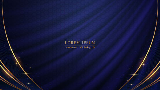 Golden curve and line with glitter light effect decoration on blue fabric luxury background