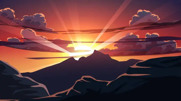 Vector illustration of sunset over mountain background