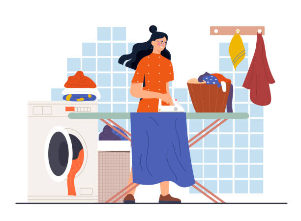 illustrazioni stock, clip art, cartoni animati e icone di tendenza di ragazza che stira i vestiti - stereotypical housewife